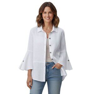 Habitat NWT Crisp White Striped Button Bell Sleeve Blouse Lagonlook Size M